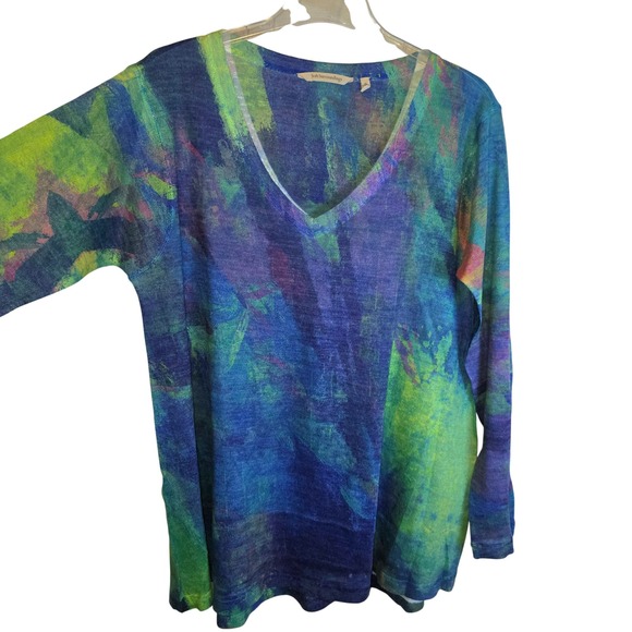Soft Surroundings Colorful Sweater Top V-Neck Medium Blue Green Abstract - Picture 3 of 12